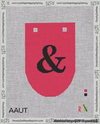 A taped needlepoint canvas with the design: Banner 18 mesh count Rounded Ampersand Black on Red.