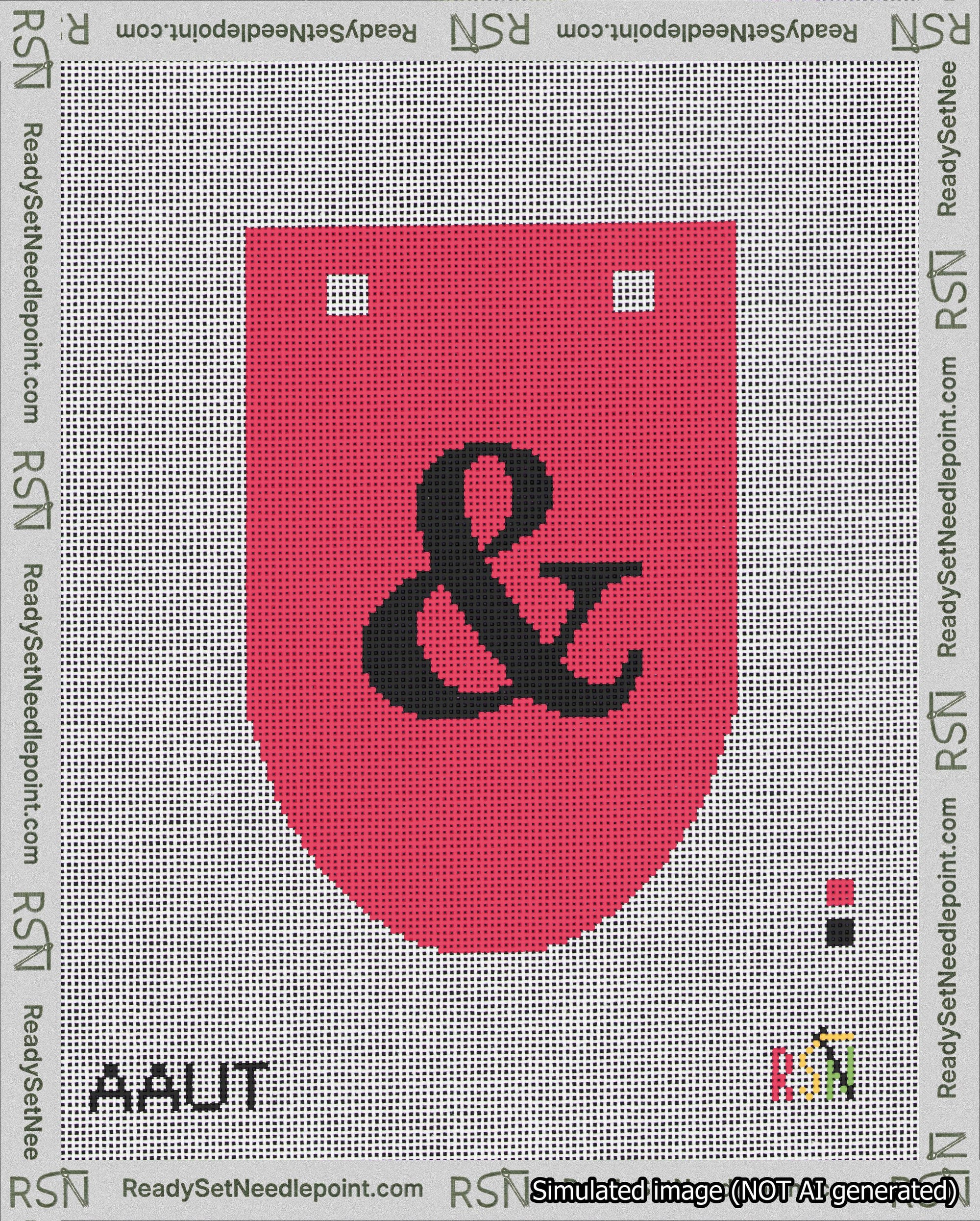 A taped needlepoint canvas with the design: Banner 18 mesh count Rounded Ampersand Black on Red.