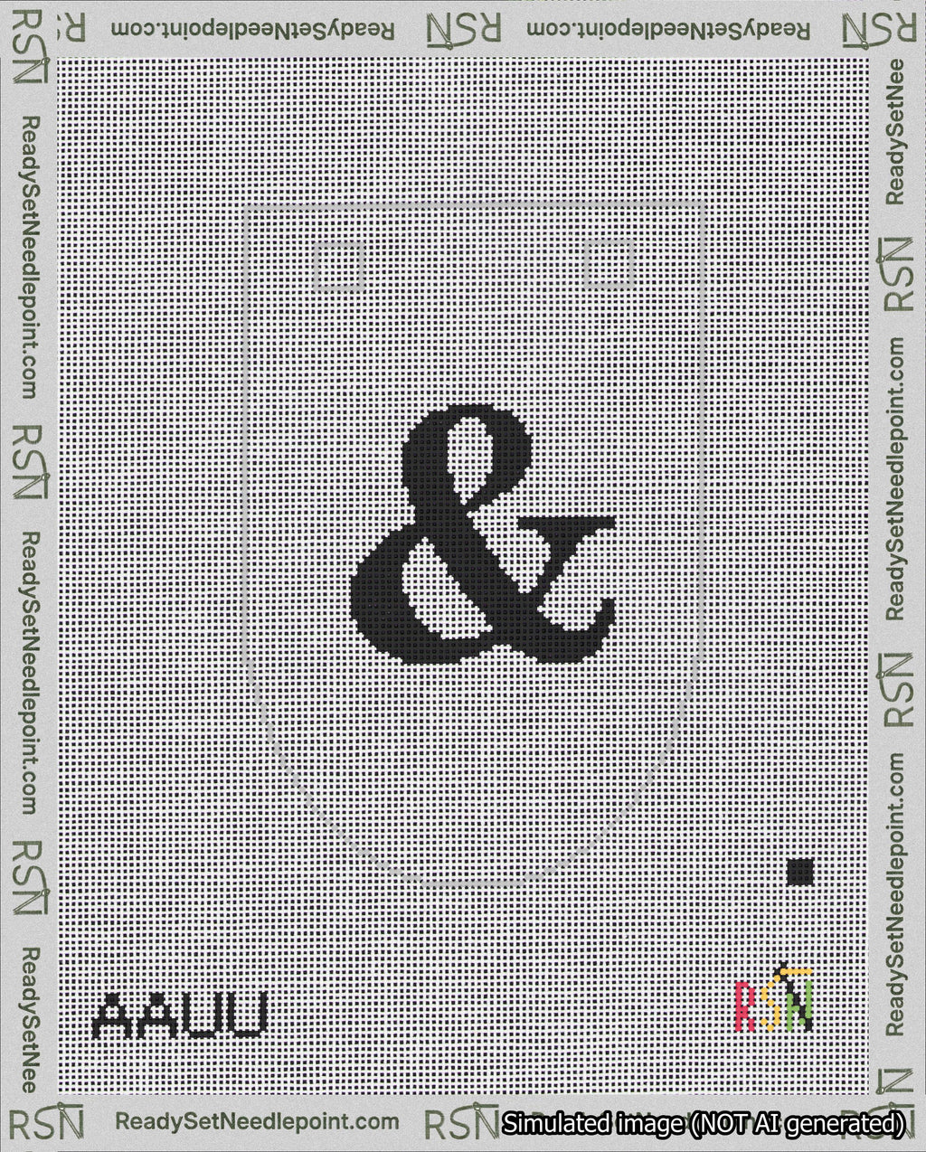 A taped needlepoint canvas with the design: Banner 18 mesh count Rounded Ampersand Black on White.
