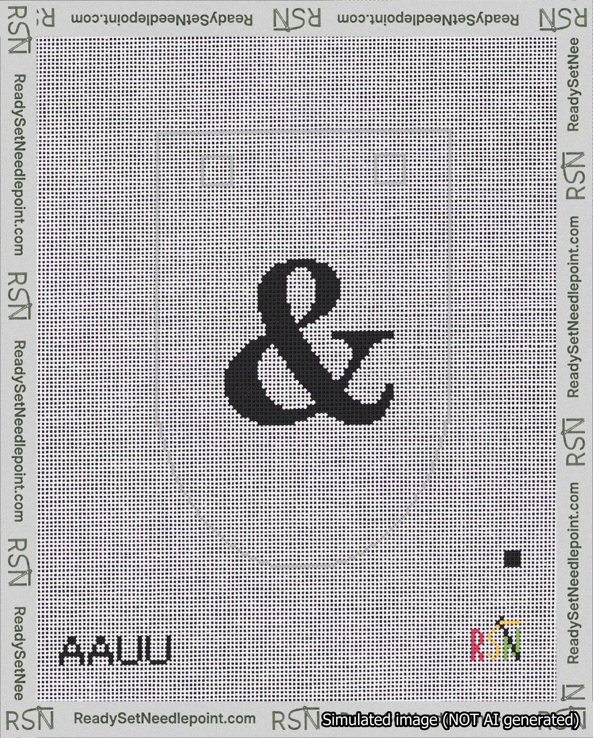 A taped needlepoint canvas with the design: Banner 18 mesh count Rounded Ampersand Black on White.