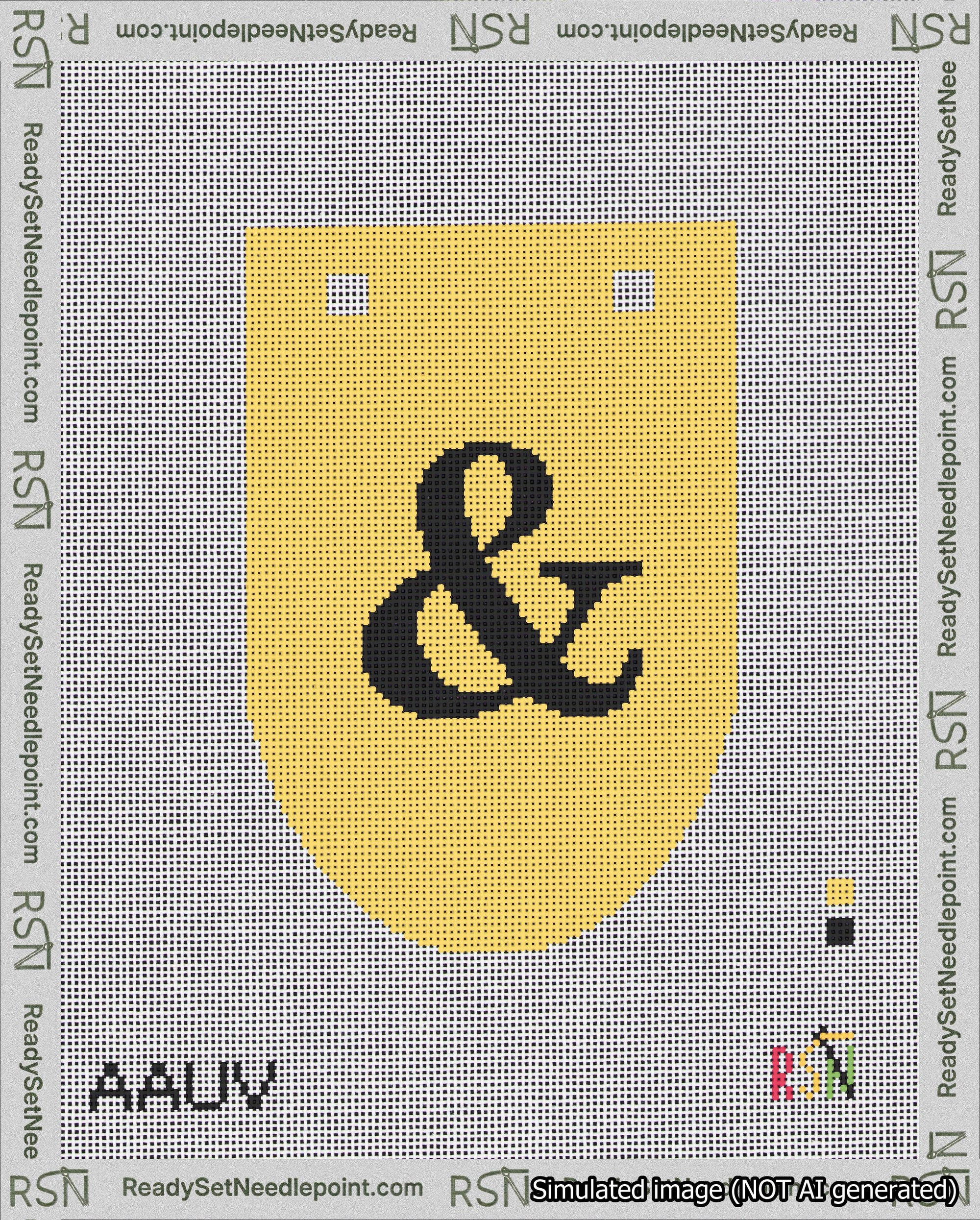 A taped needlepoint canvas with the design: Banner 18 mesh count Rounded Ampersand Black on Yellow.