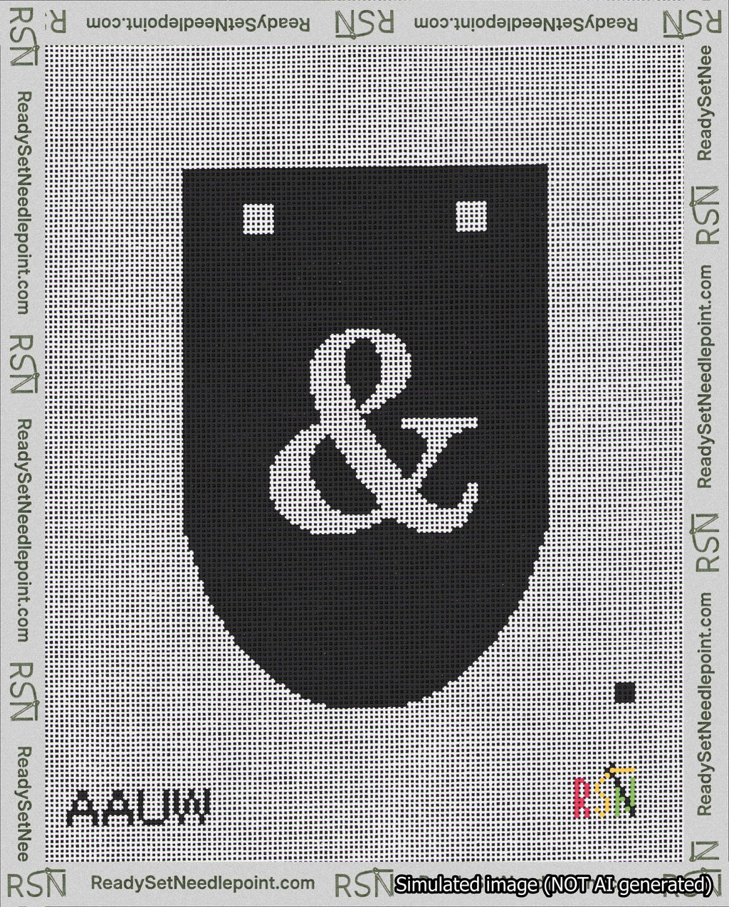A taped needlepoint canvas with the design: Banner 18 mesh count Rounded Ampersand White on Black.