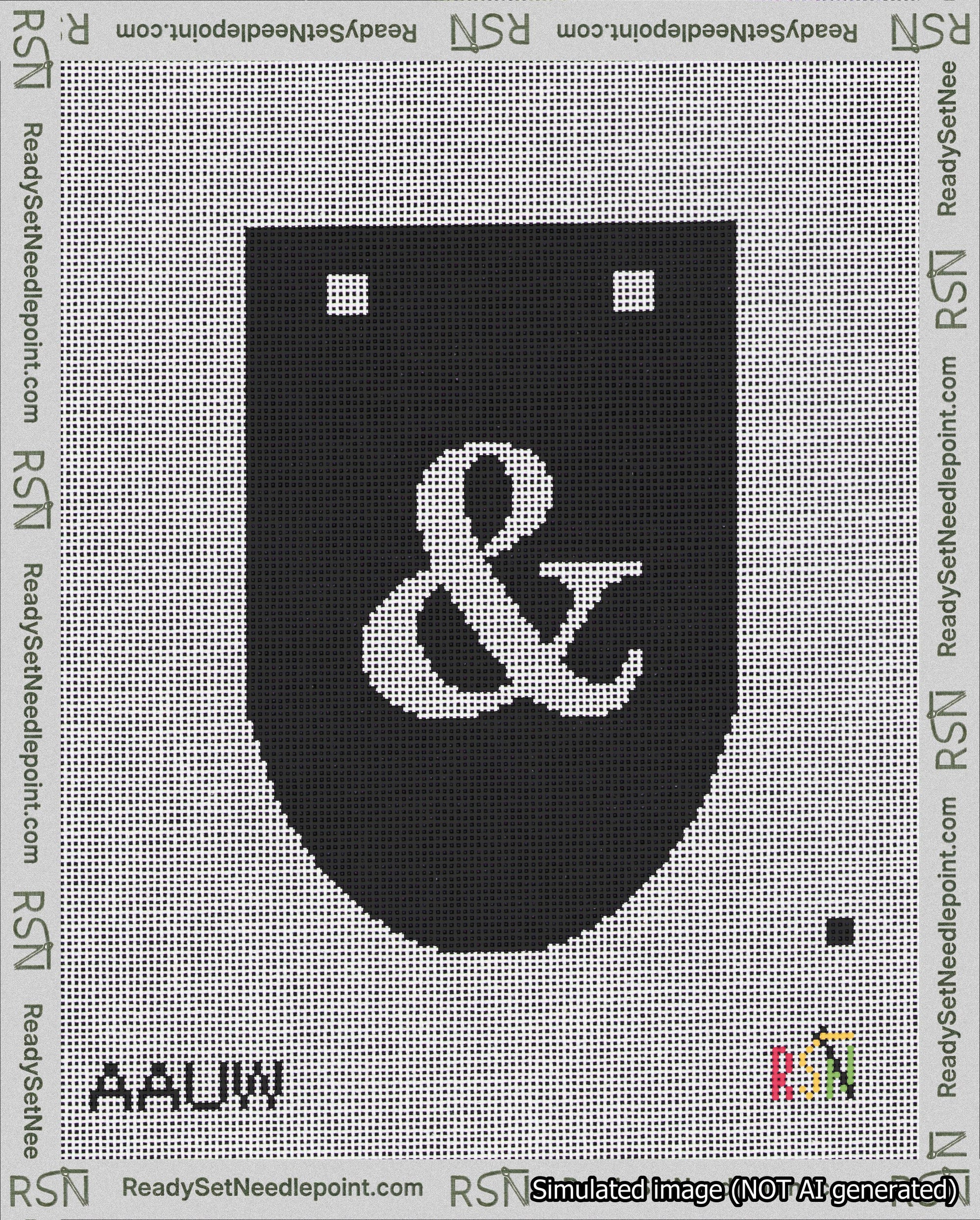 A taped needlepoint canvas with the design: Banner 18 mesh count Rounded Ampersand White on Black.