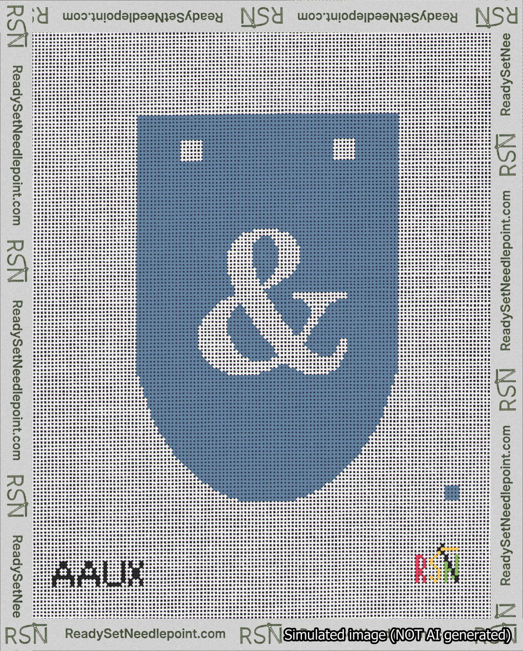 A taped needlepoint canvas with the design: Banner 18 mesh count Rounded Ampersand White on Blue.