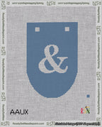 A taped needlepoint canvas with the design: Banner 18 mesh count Rounded Ampersand White on Blue.