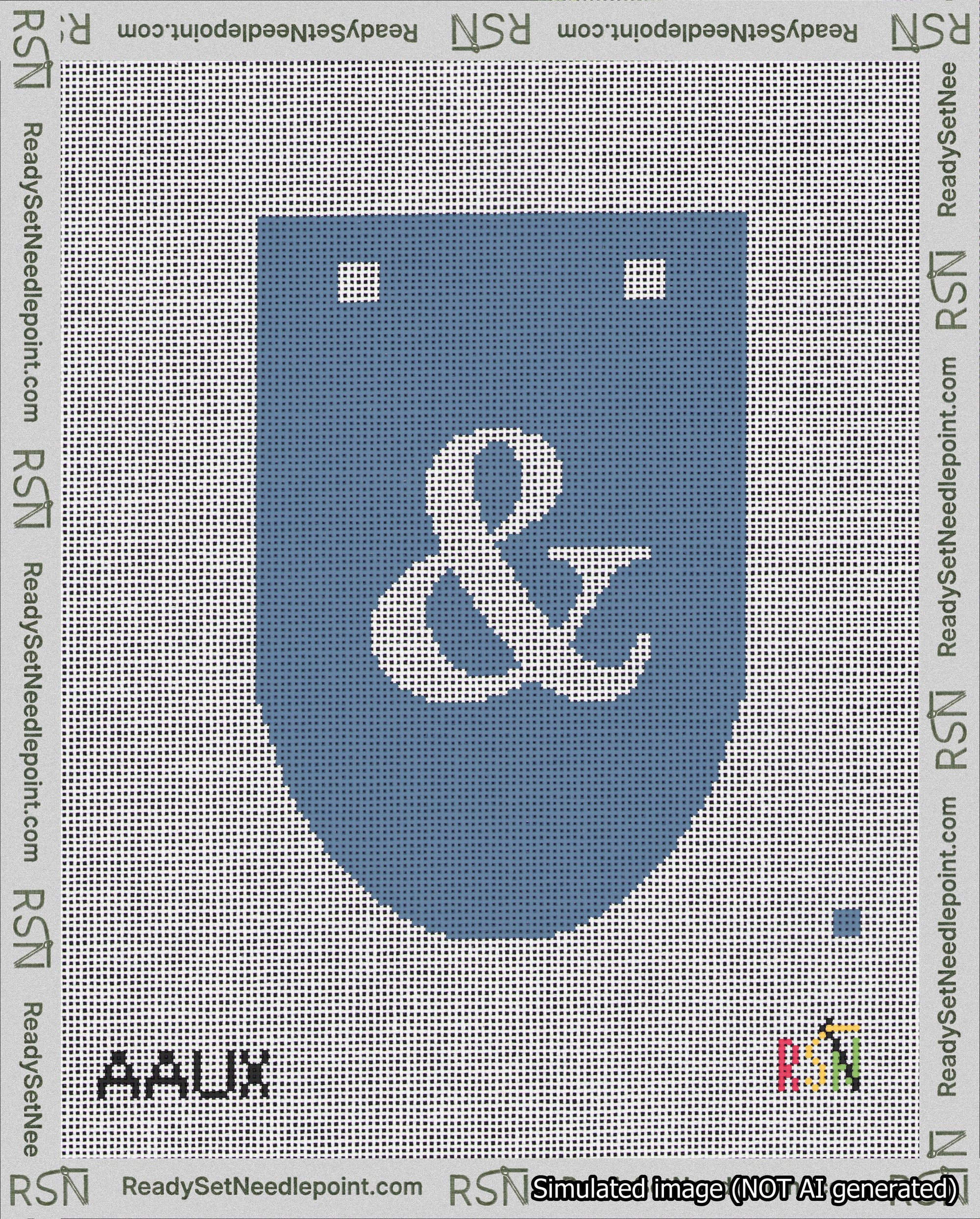 A taped needlepoint canvas with the design: Banner 18 mesh count Rounded Ampersand White on Blue.
