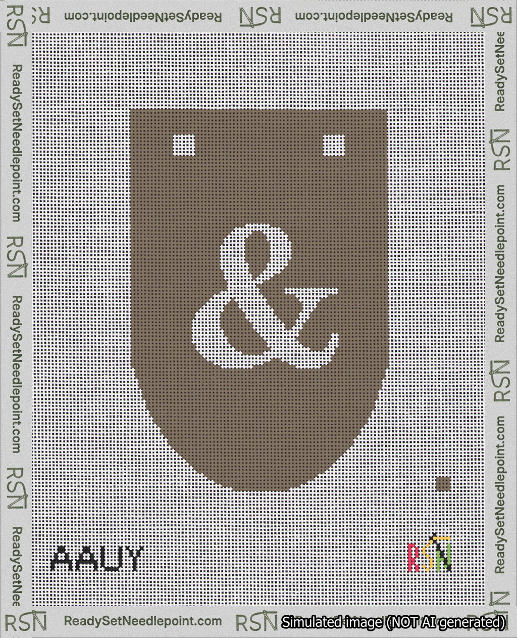 A taped needlepoint canvas with the design: Banner 18 mesh count Rounded Ampersand White on Brown.