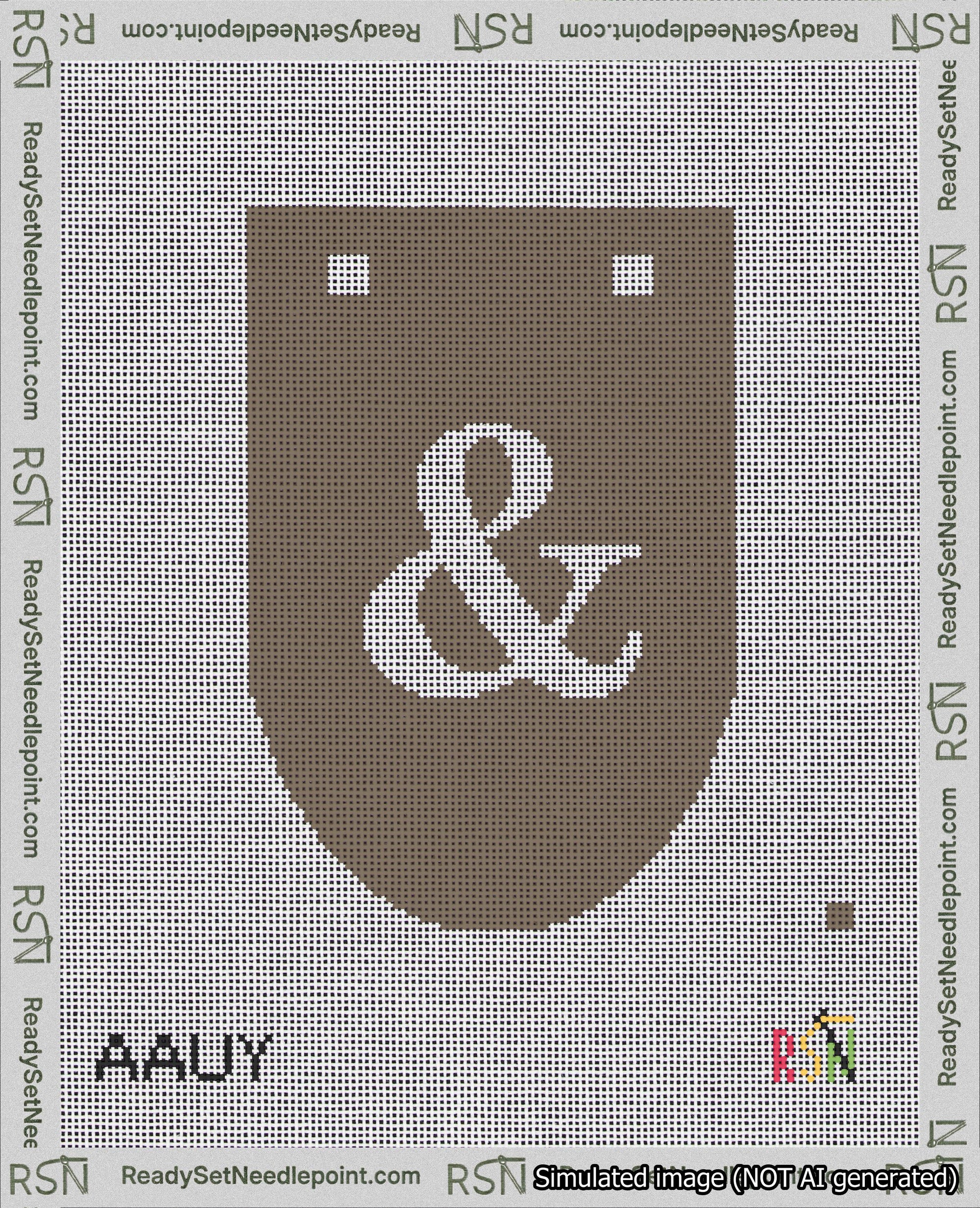 A taped needlepoint canvas with the design: Banner 18 mesh count Rounded Ampersand White on Brown.