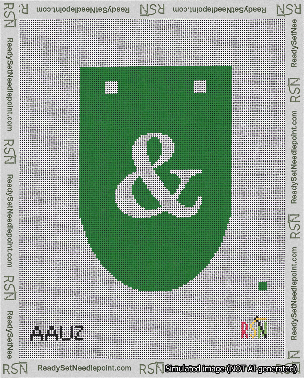 A taped needlepoint canvas with the design: Banner 18 mesh count Rounded Ampersand White on Green.