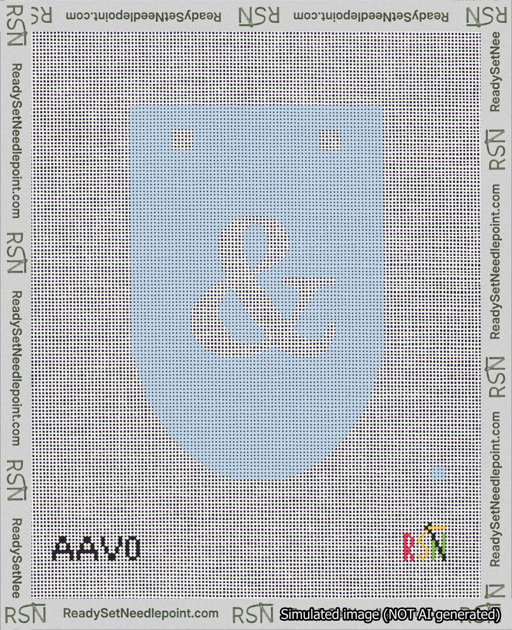A taped needlepoint canvas with the design: Banner 18 mesh count Rounded Ampersand White on Light Blue.