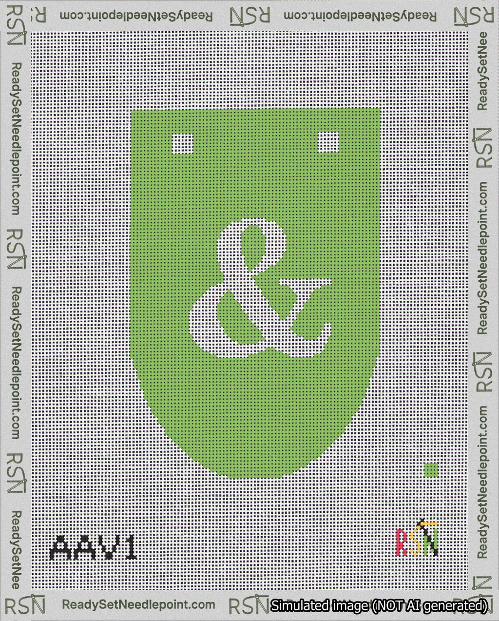 A taped needlepoint canvas with the design: Banner 18 mesh count Rounded Ampersand White on Light Green.