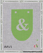A taped needlepoint canvas with the design: Banner 18 mesh count Rounded Ampersand White on Light Green.