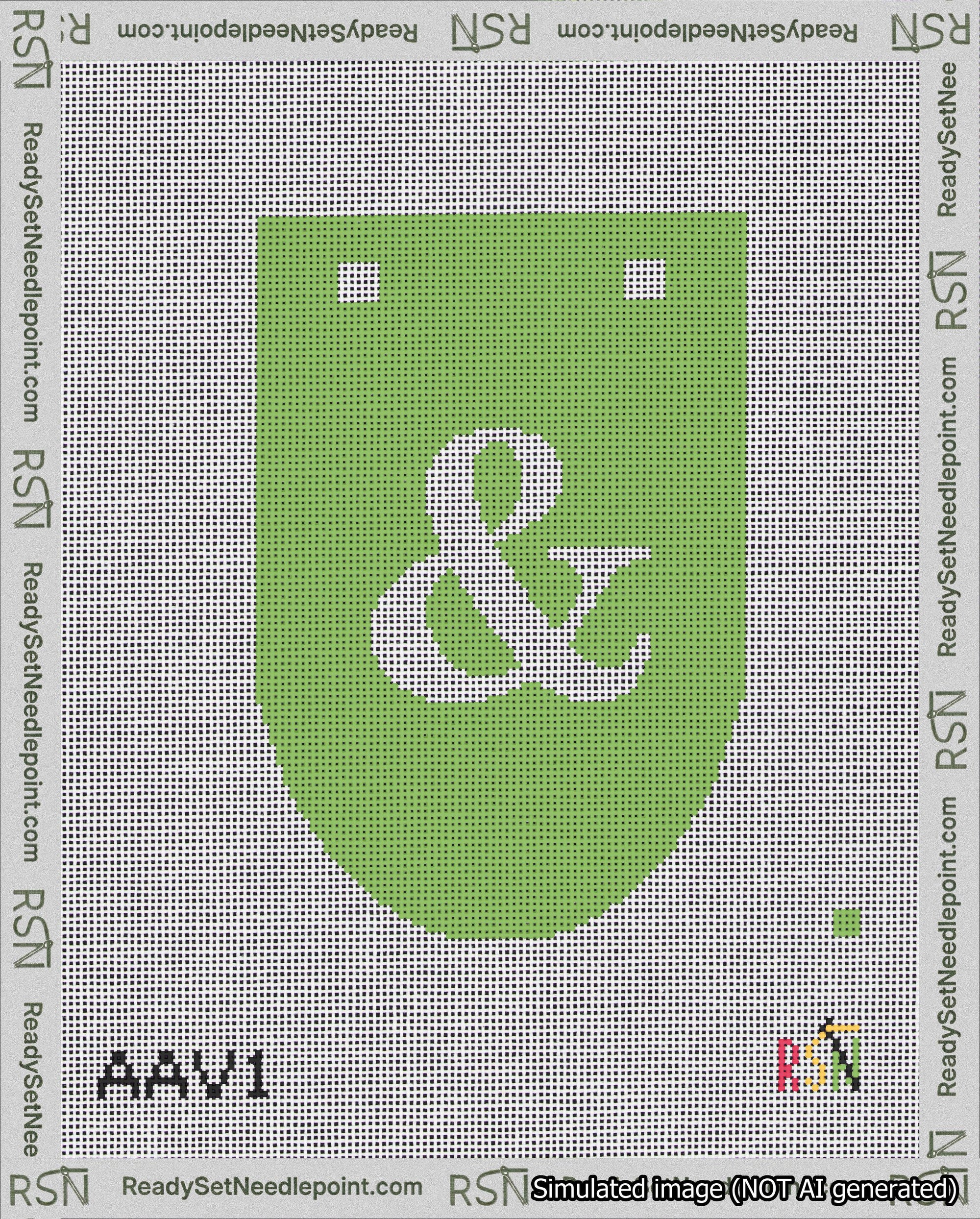 A taped needlepoint canvas with the design: Banner 18 mesh count Rounded Ampersand White on Light Green.