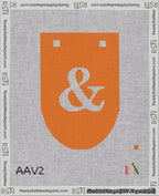 A taped needlepoint canvas with the design: Banner 18 mesh count Rounded Ampersand White on Orange.