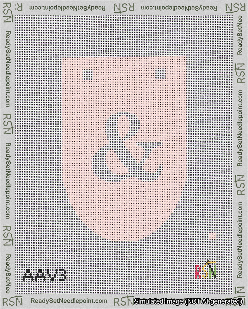 A taped needlepoint canvas with the design: Banner 18 mesh count Rounded Ampersand White on Pink.