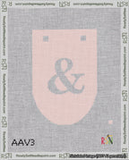 A taped needlepoint canvas with the design: Banner 18 mesh count Rounded Ampersand White on Pink.