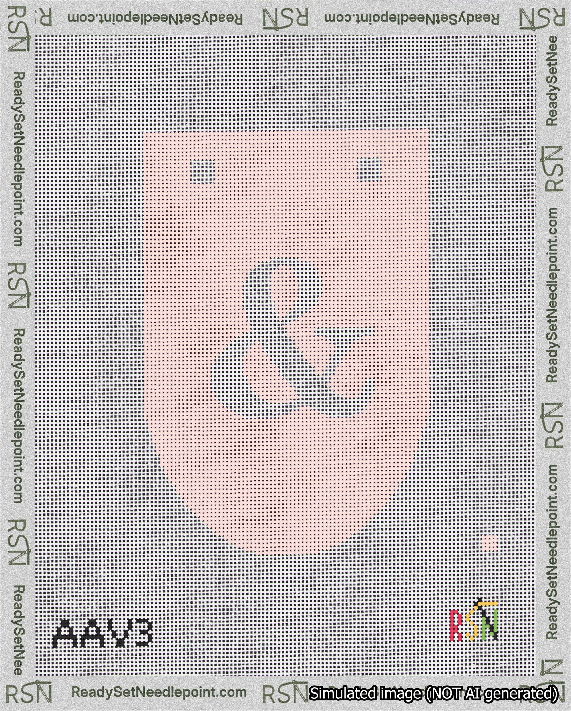 A taped needlepoint canvas with the design: Banner 18 mesh count Rounded Ampersand White on Pink.