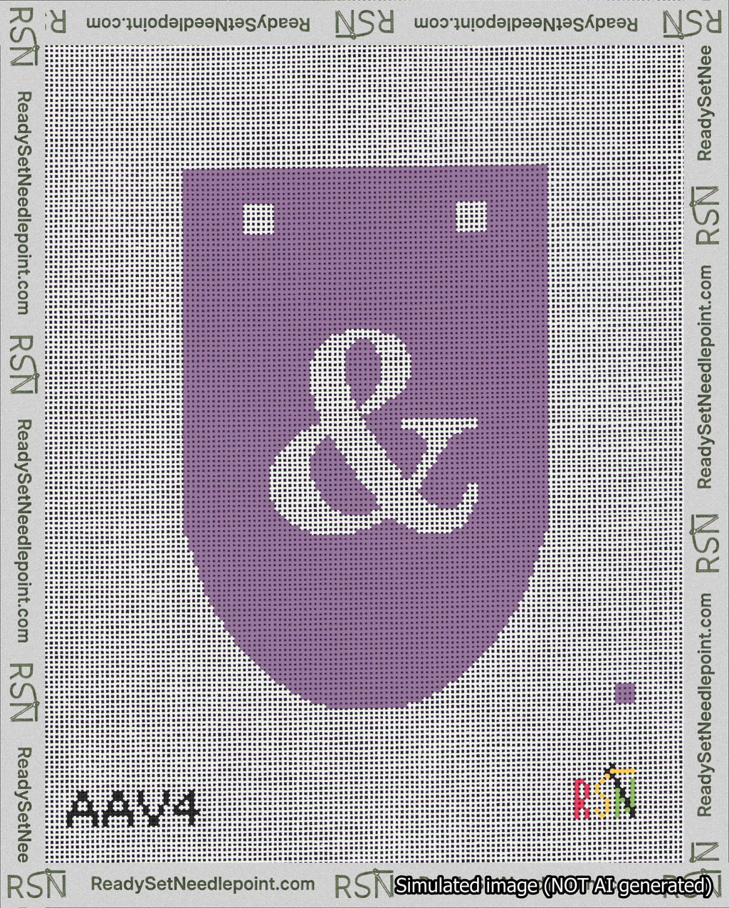 A taped needlepoint canvas with the design: Banner 18 mesh count Rounded Ampersand White on Purple.
