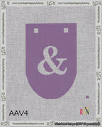 A taped needlepoint canvas with the design: Banner 18 mesh count Rounded Ampersand White on Purple.
