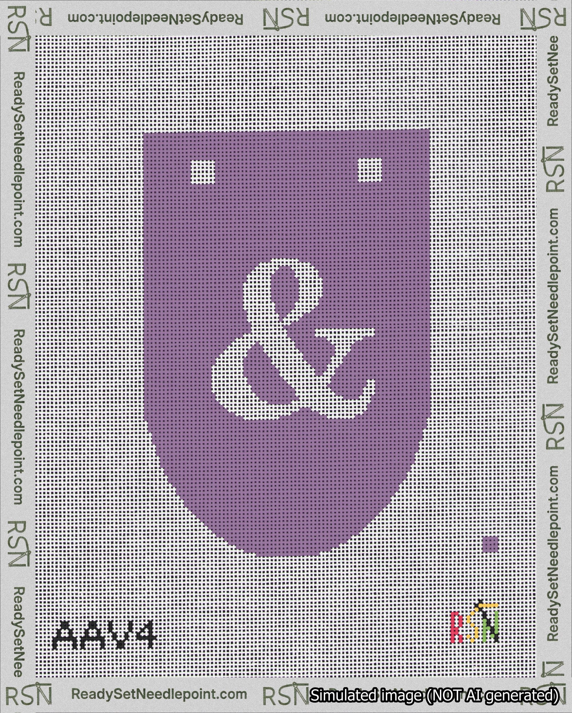 A taped needlepoint canvas with the design: Banner 18 mesh count Rounded Ampersand White on Purple.