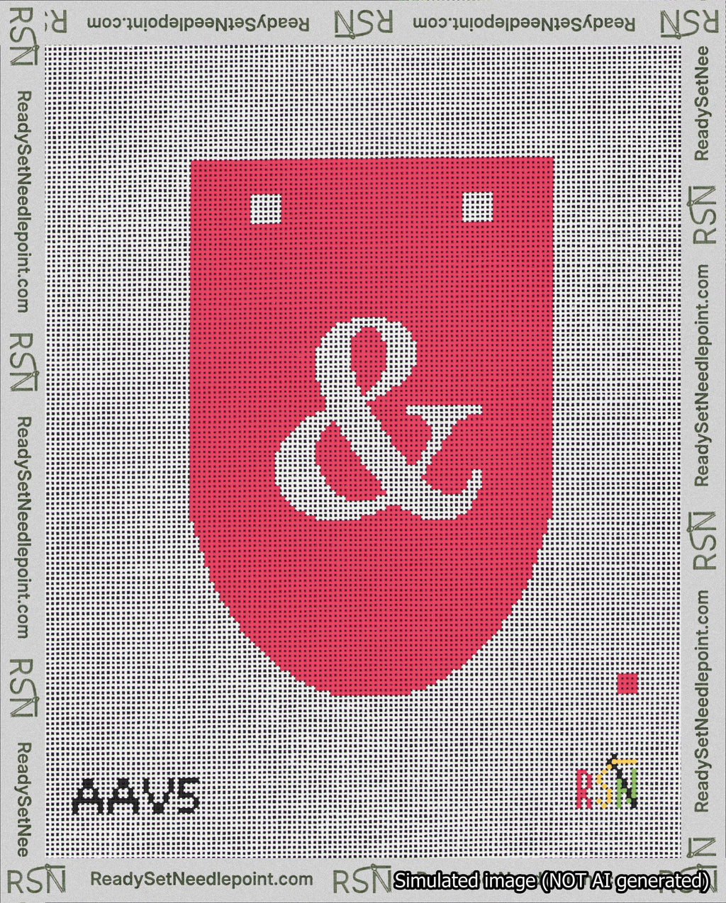 A taped needlepoint canvas with the design: Banner 18 mesh count Rounded Ampersand White on Red.
