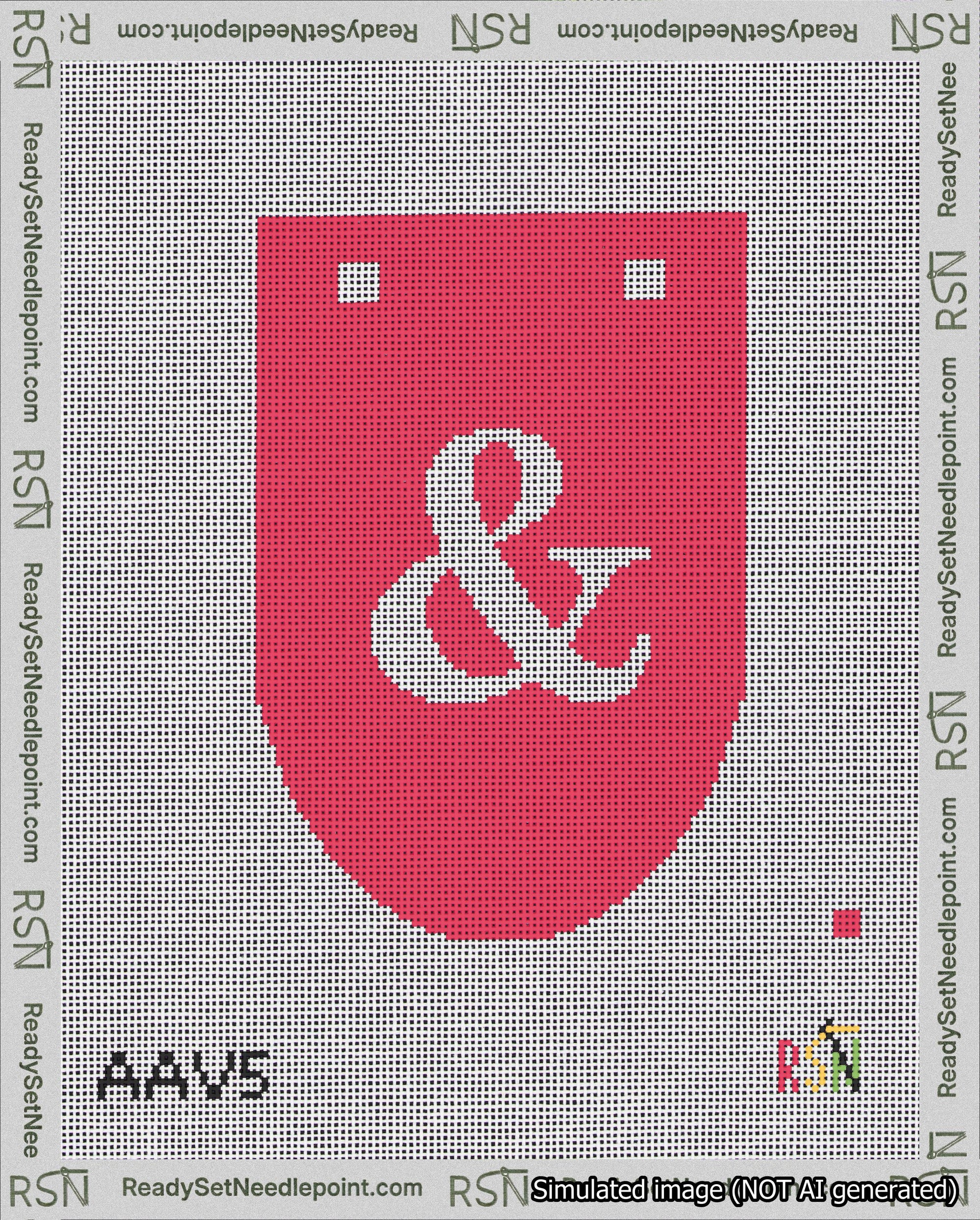 A taped needlepoint canvas with the design: Banner 18 mesh count Rounded Ampersand White on Red.