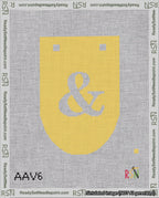 A taped needlepoint canvas with the design: Banner 18 mesh count Rounded Ampersand White on Yellow.
