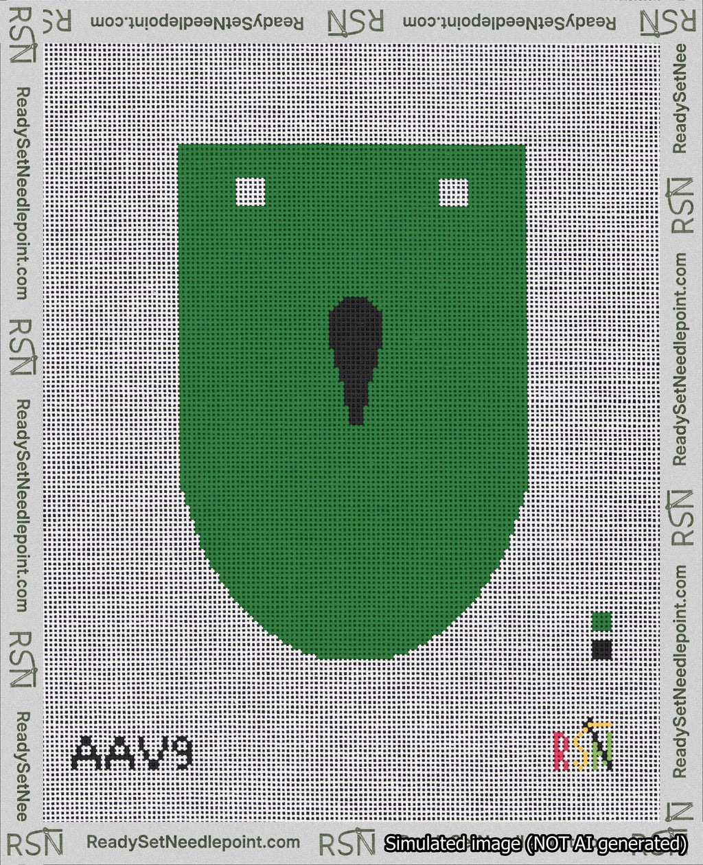 A taped needlepoint canvas with the design: Banner 18 mesh count Rounded Apostrophe Black on Green.