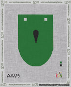 A taped needlepoint canvas with the design: Banner 18 mesh count Rounded Apostrophe Black on Green.