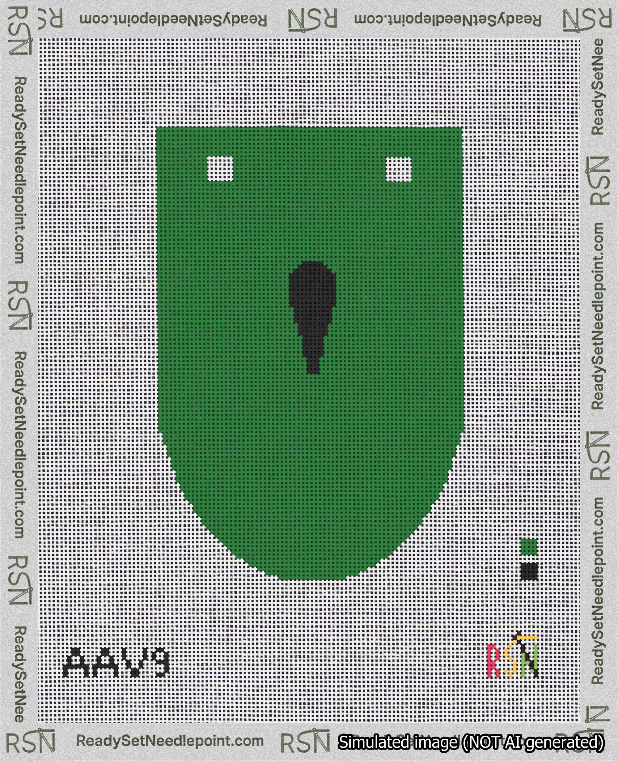 A taped needlepoint canvas with the design: Banner 18 mesh count Rounded Apostrophe Black on Green.