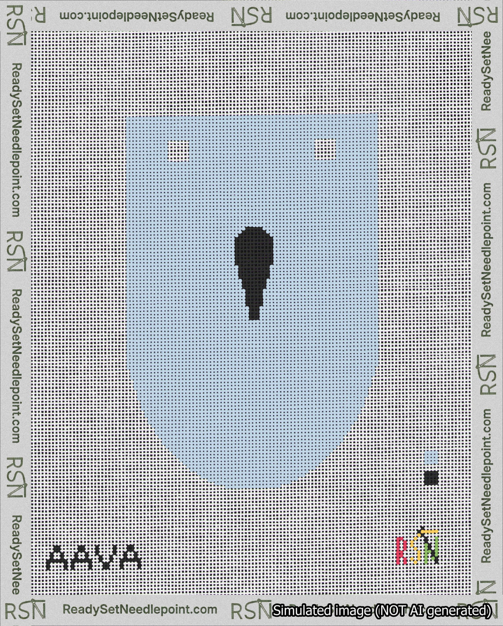 A taped needlepoint canvas with the design: Banner 18 mesh count Rounded Apostrophe Black on Light Blue.