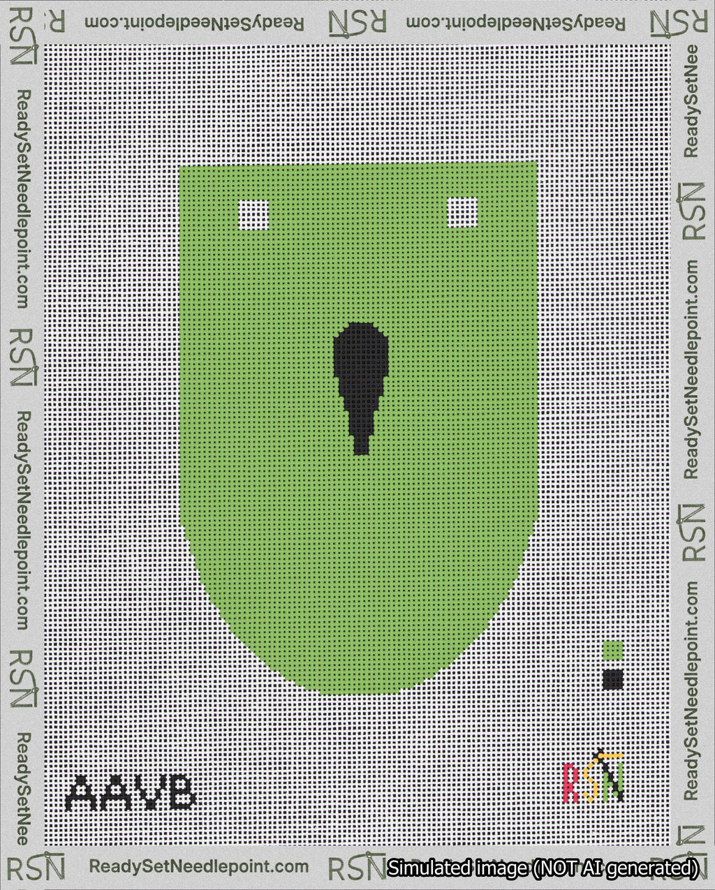 A taped needlepoint canvas with the design: Banner 18 mesh count Rounded Apostrophe Black on Light Green.