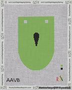 A taped needlepoint canvas with the design: Banner 18 mesh count Rounded Apostrophe Black on Light Green.