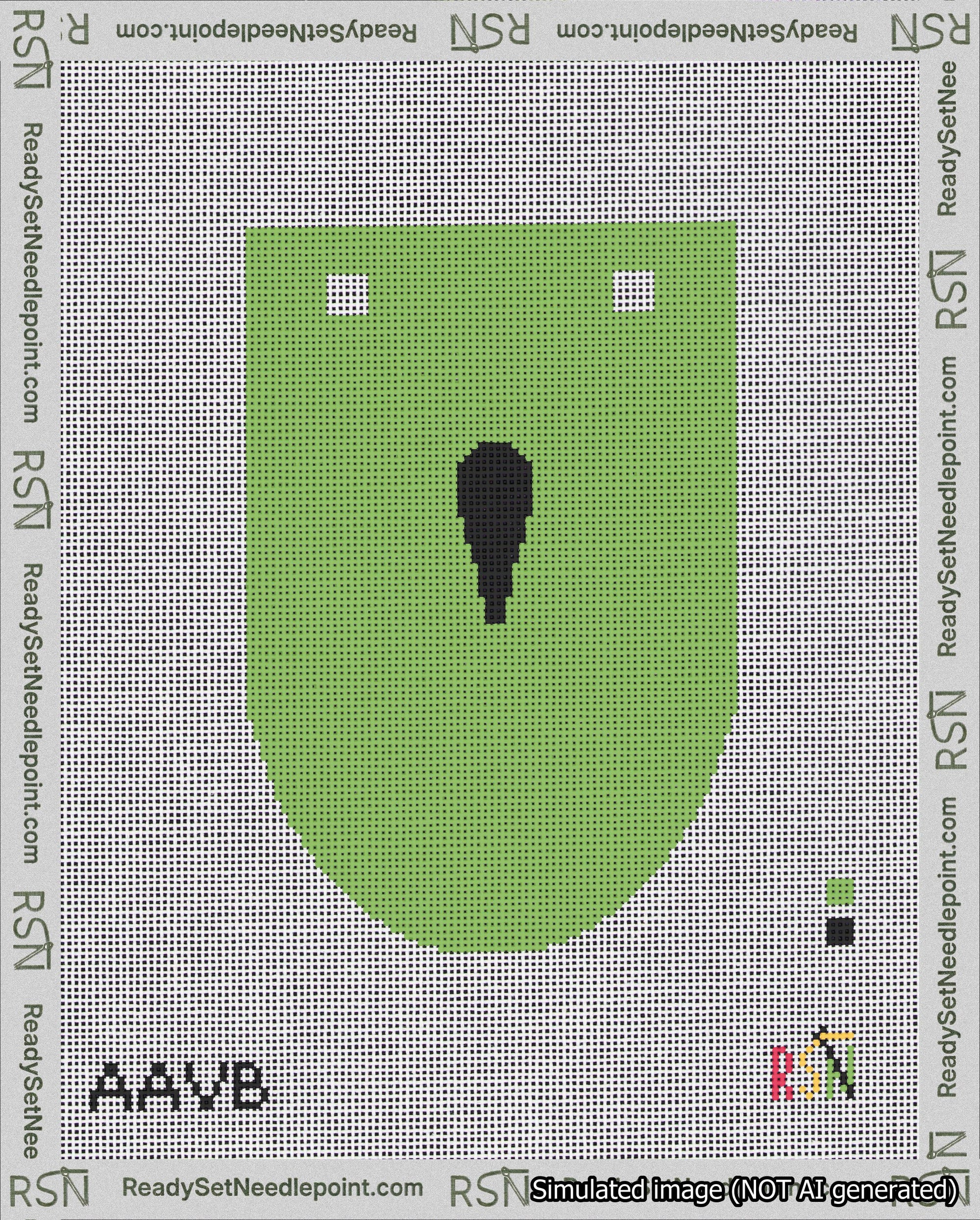 A taped needlepoint canvas with the design: Banner 18 mesh count Rounded Apostrophe Black on Light Green.