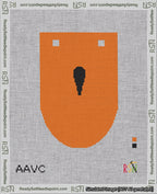 A taped needlepoint canvas with the design: Banner 18 mesh count Rounded Apostrophe Black on Orange.