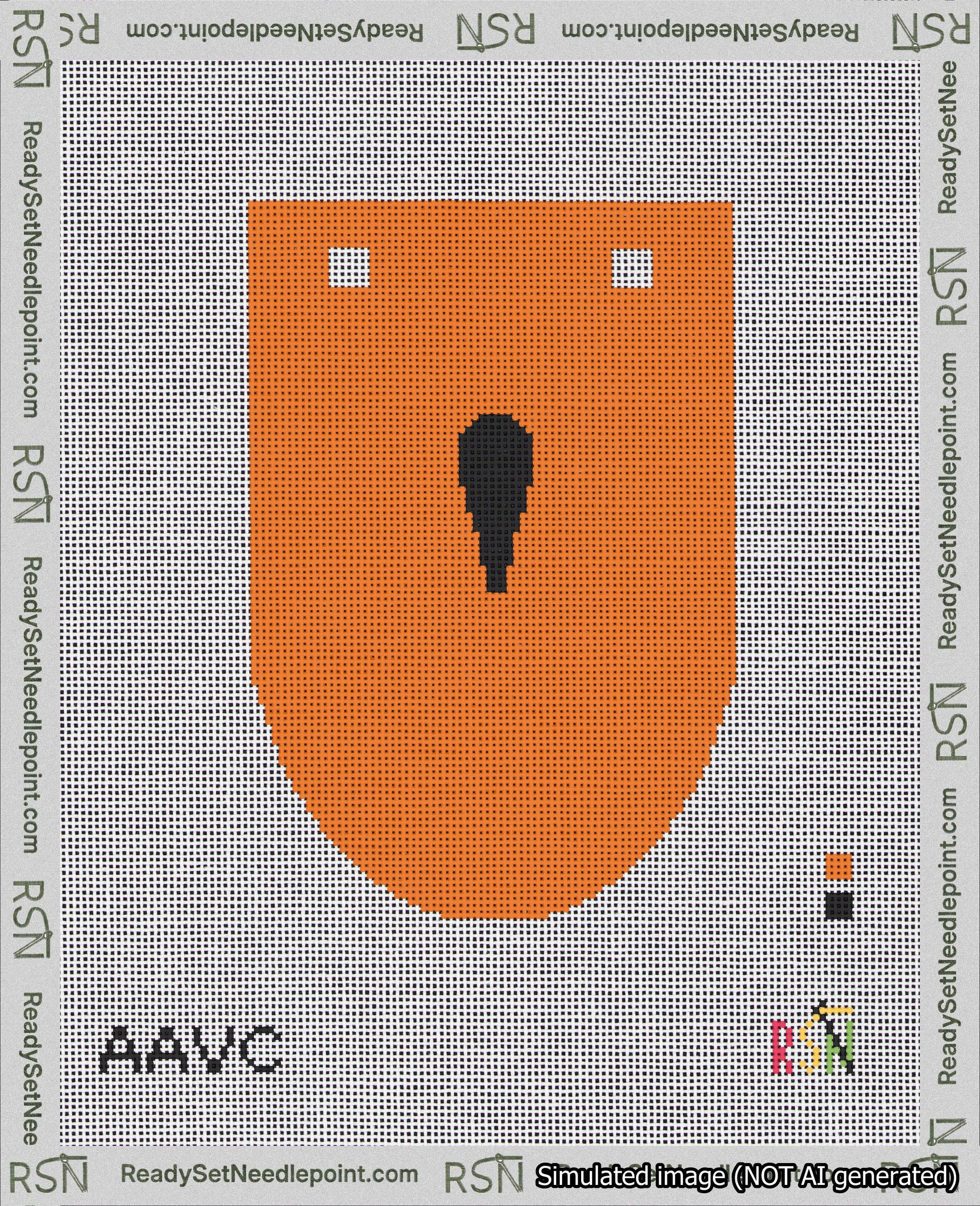 A taped needlepoint canvas with the design: Banner 18 mesh count Rounded Apostrophe Black on Orange.