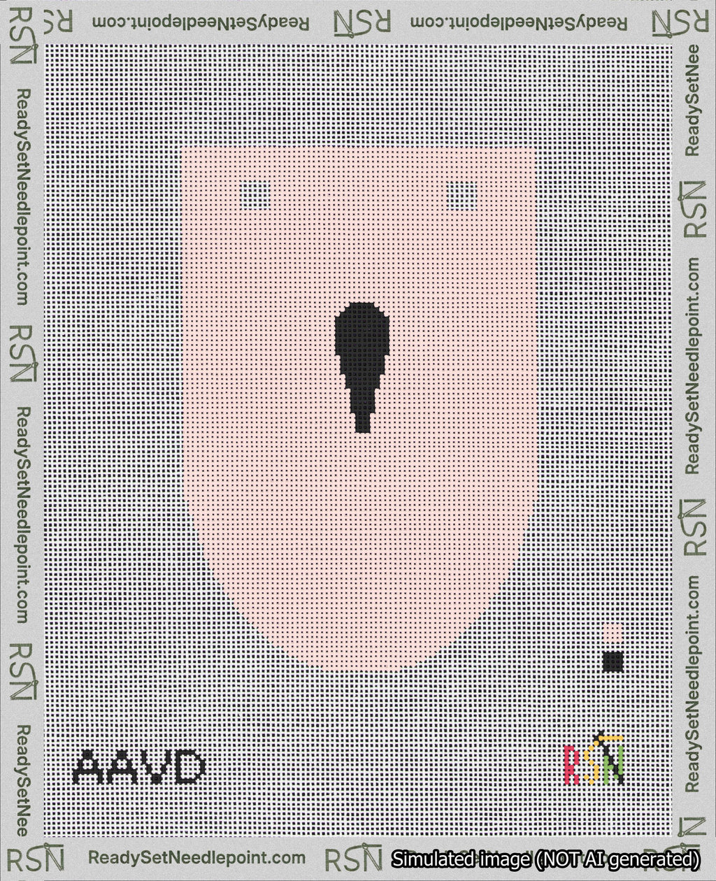 A taped needlepoint canvas with the design: Banner 18 mesh count Rounded Apostrophe Black on Pink.