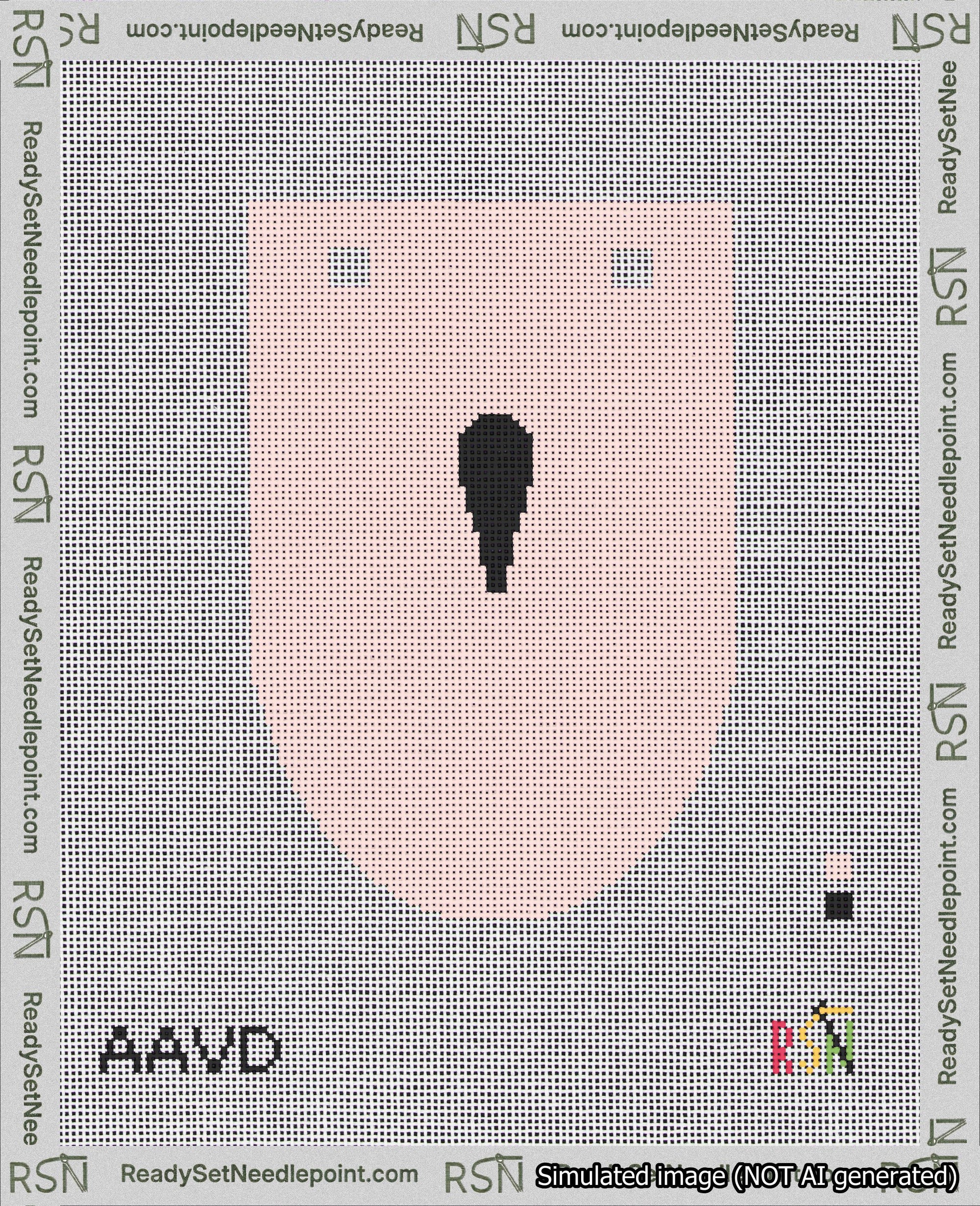 A taped needlepoint canvas with the design: Banner 18 mesh count Rounded Apostrophe Black on Pink.