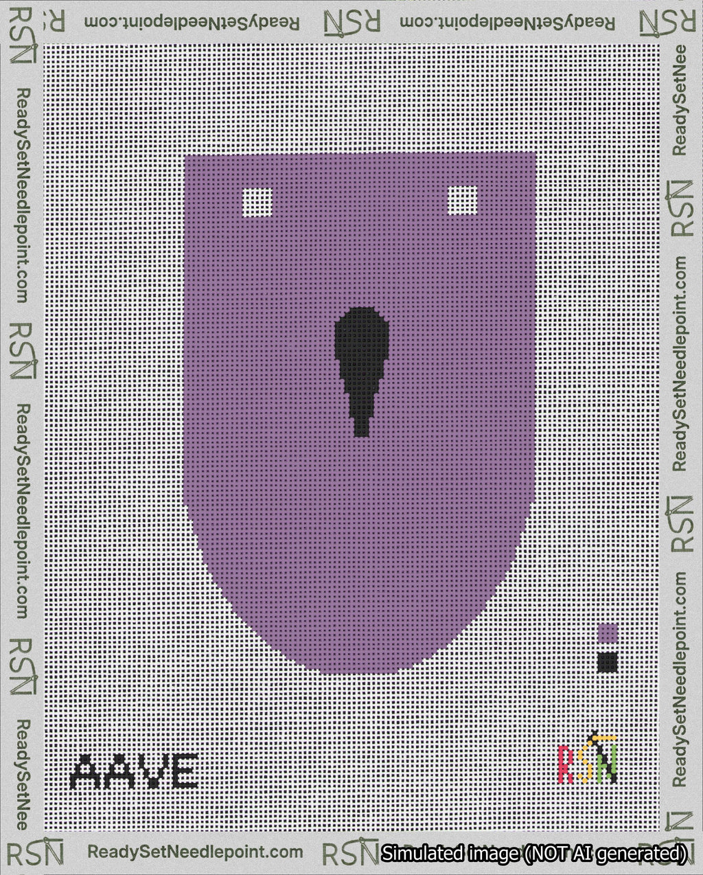A taped needlepoint canvas with the design: Banner 18 mesh count Rounded Apostrophe Black on Purple.