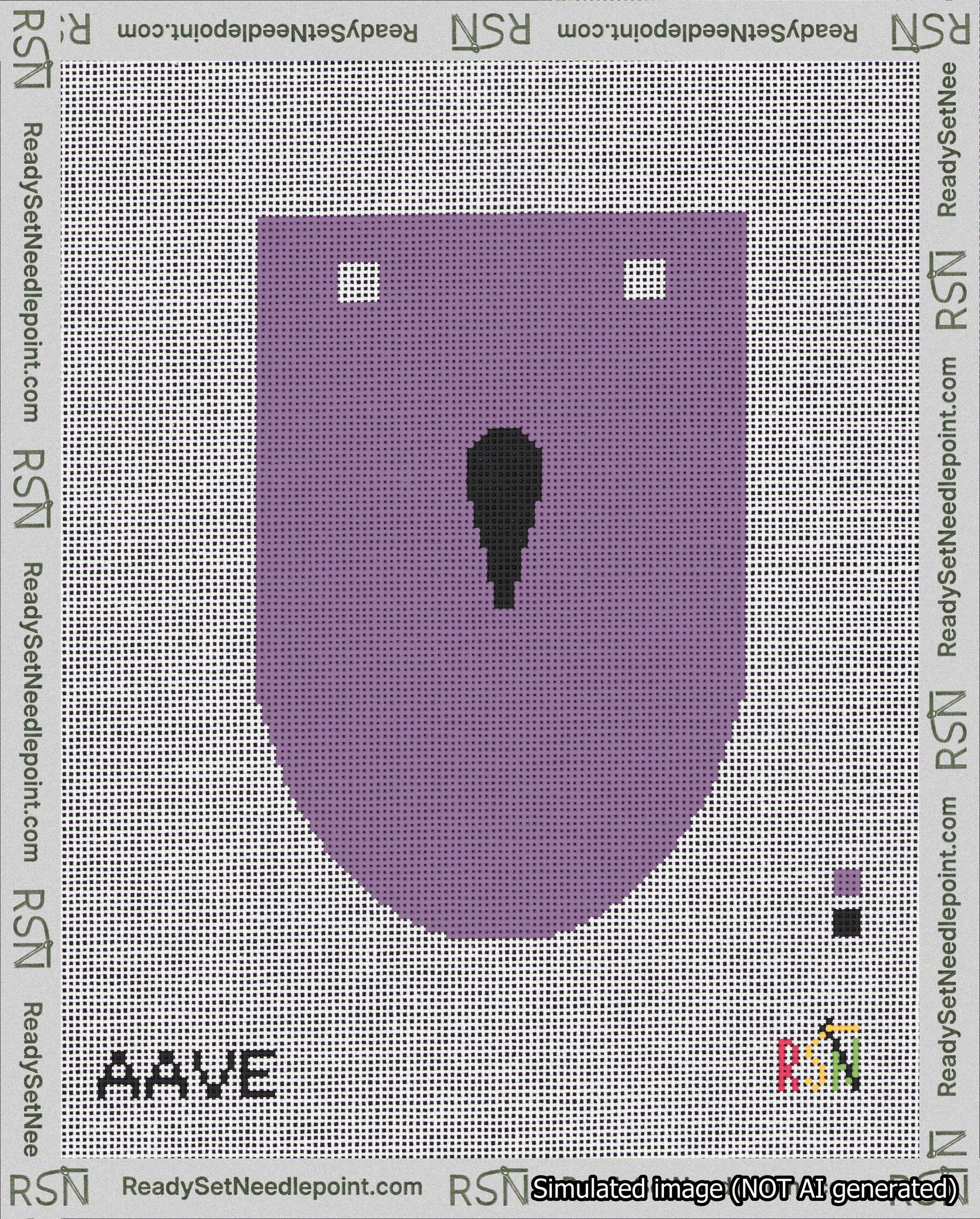A taped needlepoint canvas with the design: Banner 18 mesh count Rounded Apostrophe Black on Purple.