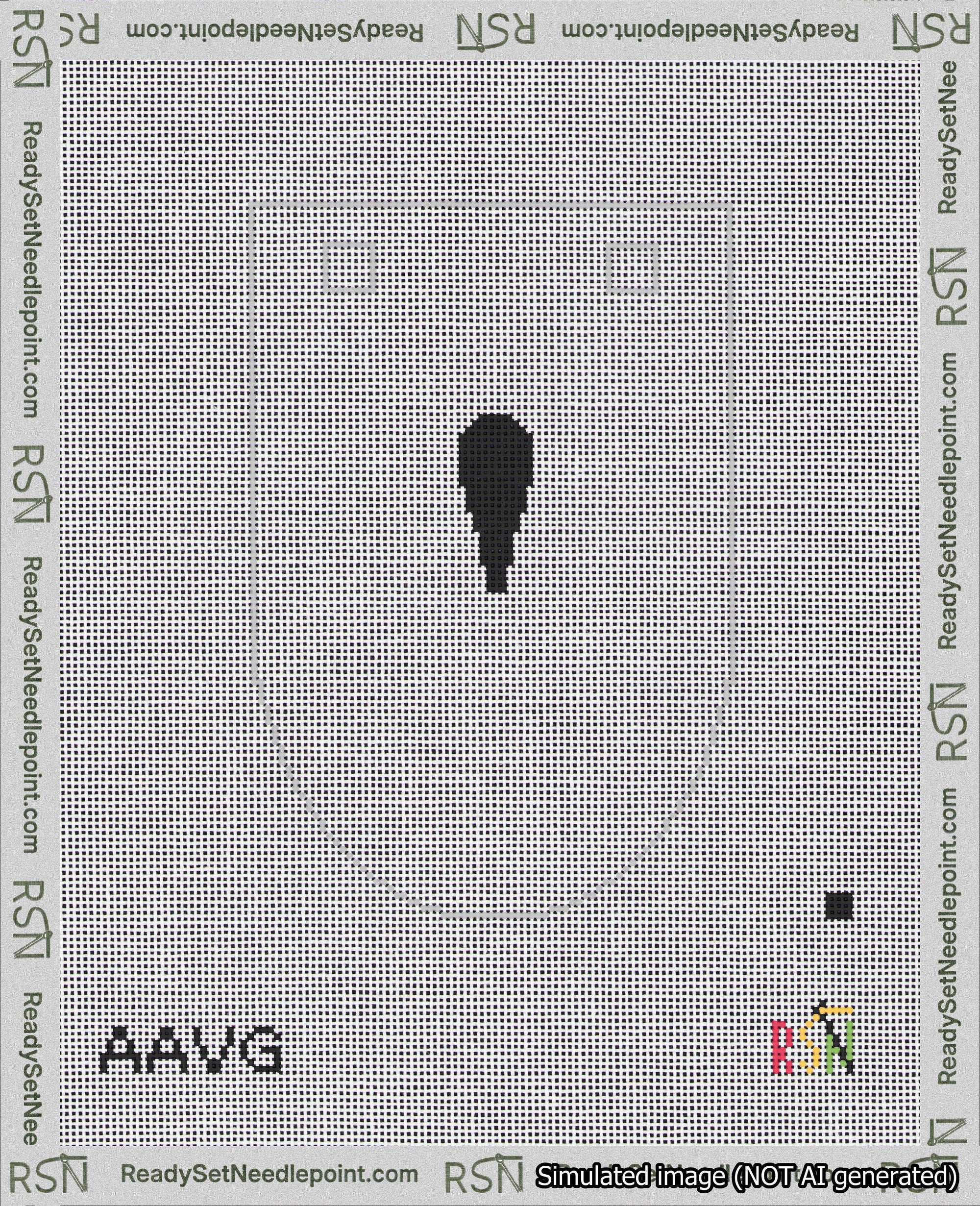 A taped needlepoint canvas with the design: Banner 18 mesh count Rounded Apostrophe Black on White.