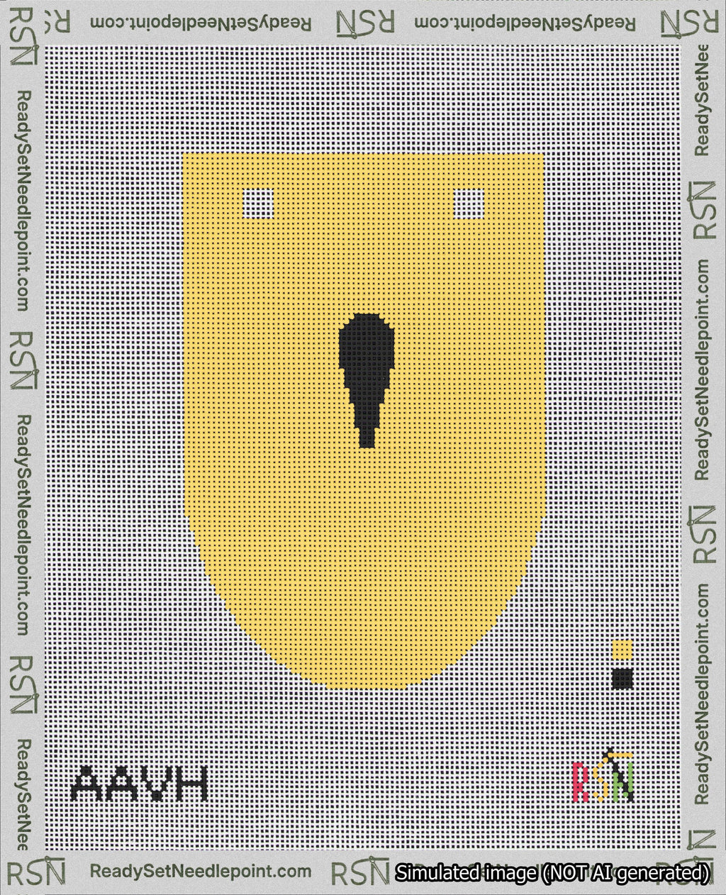 A taped needlepoint canvas with the design: Banner 18 mesh count Rounded Apostrophe Black on Yellow.
