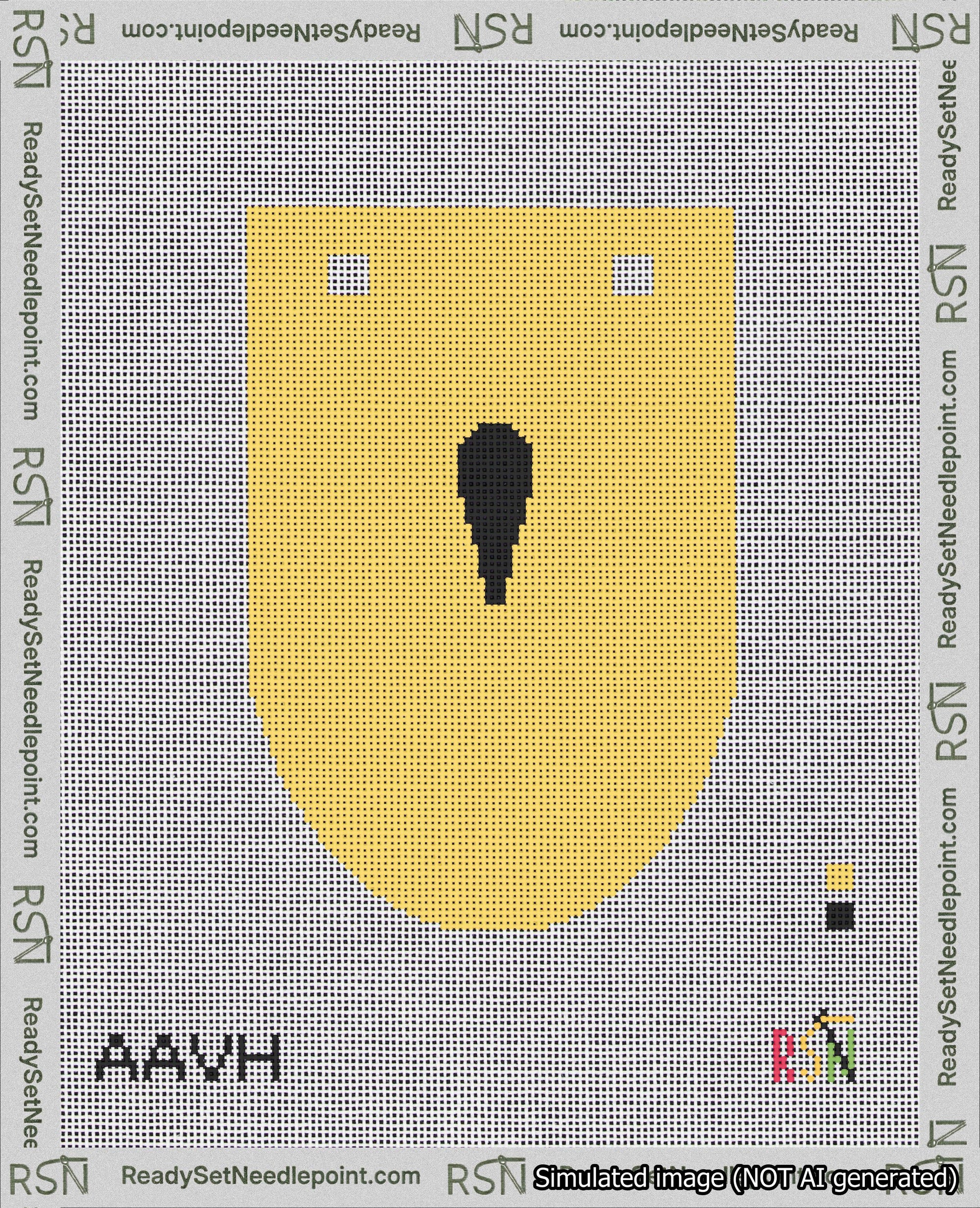 A taped needlepoint canvas with the design: Banner 18 mesh count Rounded Apostrophe Black on Yellow.
