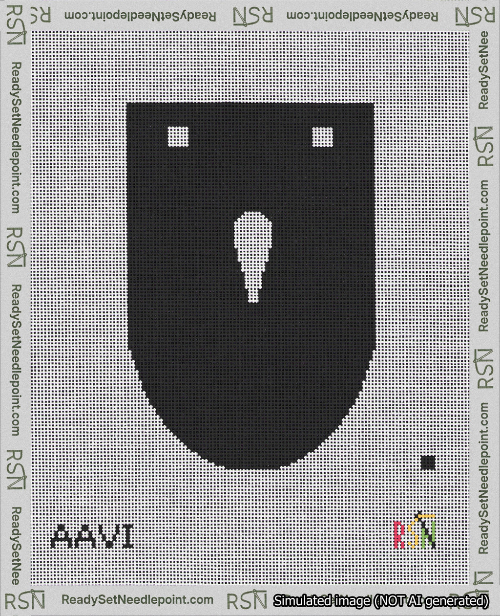A taped needlepoint canvas with the design: Banner 18 mesh count Rounded Apostrophe White on Black.