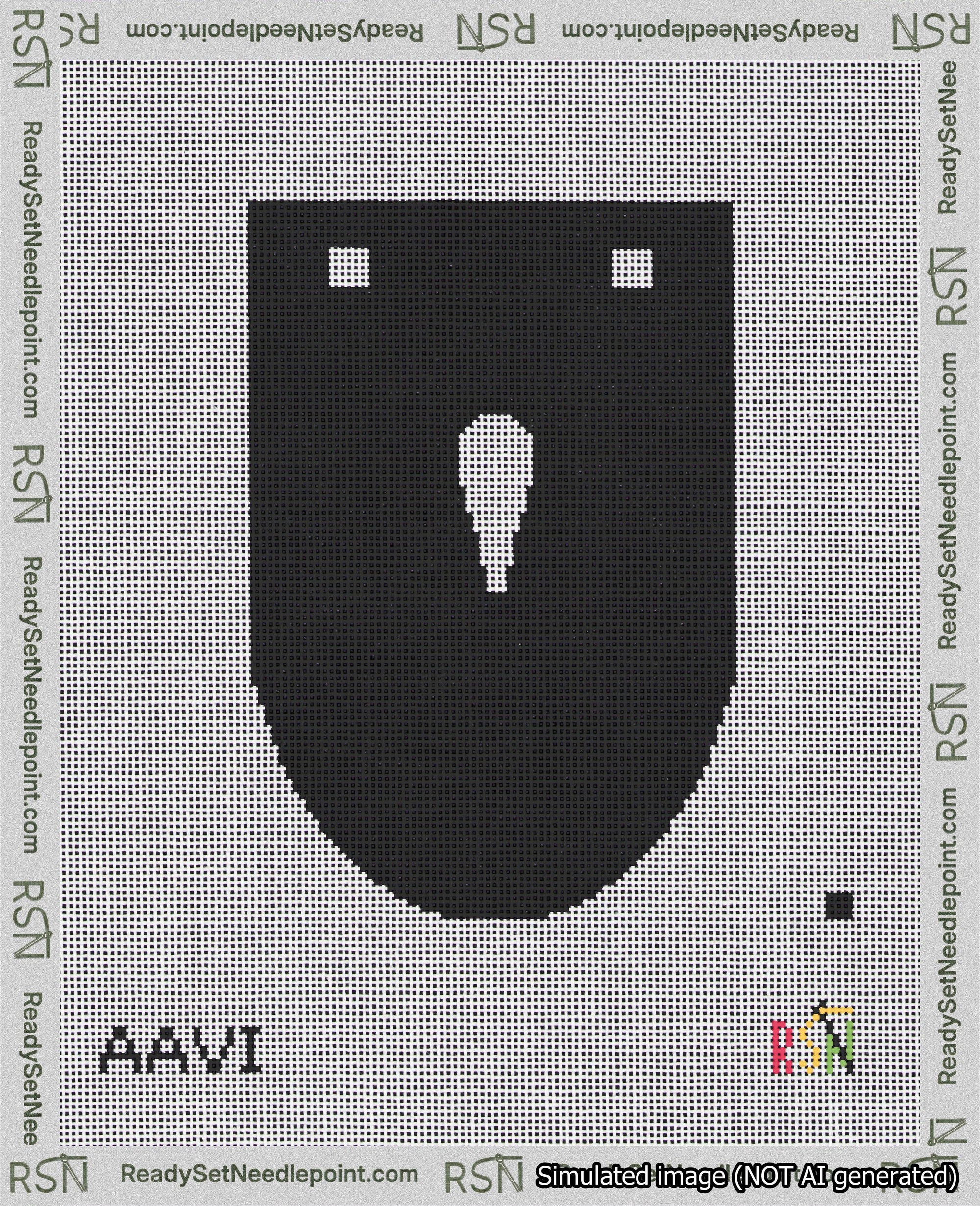 A taped needlepoint canvas with the design: Banner 18 mesh count Rounded Apostrophe White on Black.