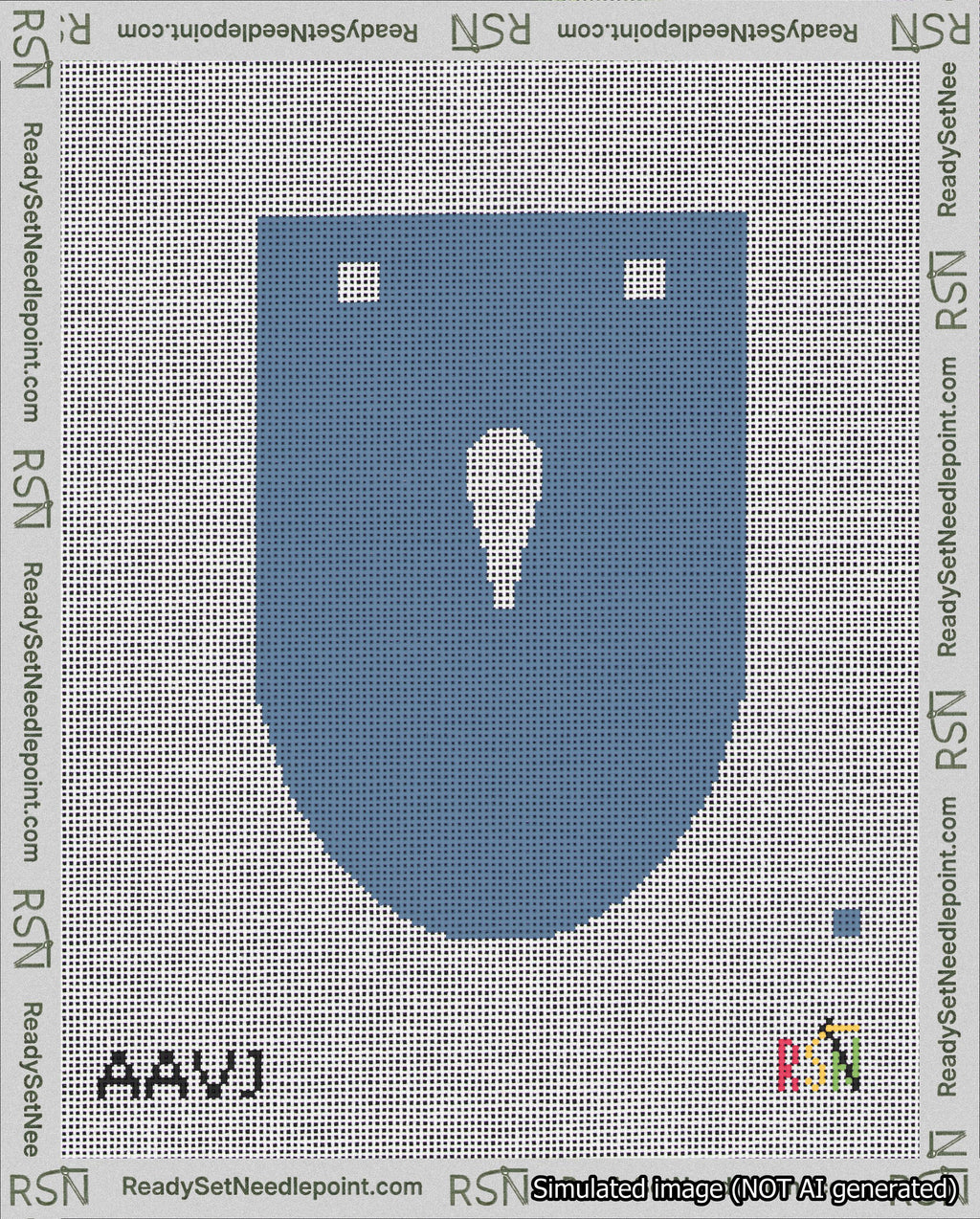 A taped needlepoint canvas with the design: Banner 18 mesh count Rounded Apostrophe White on Blue.