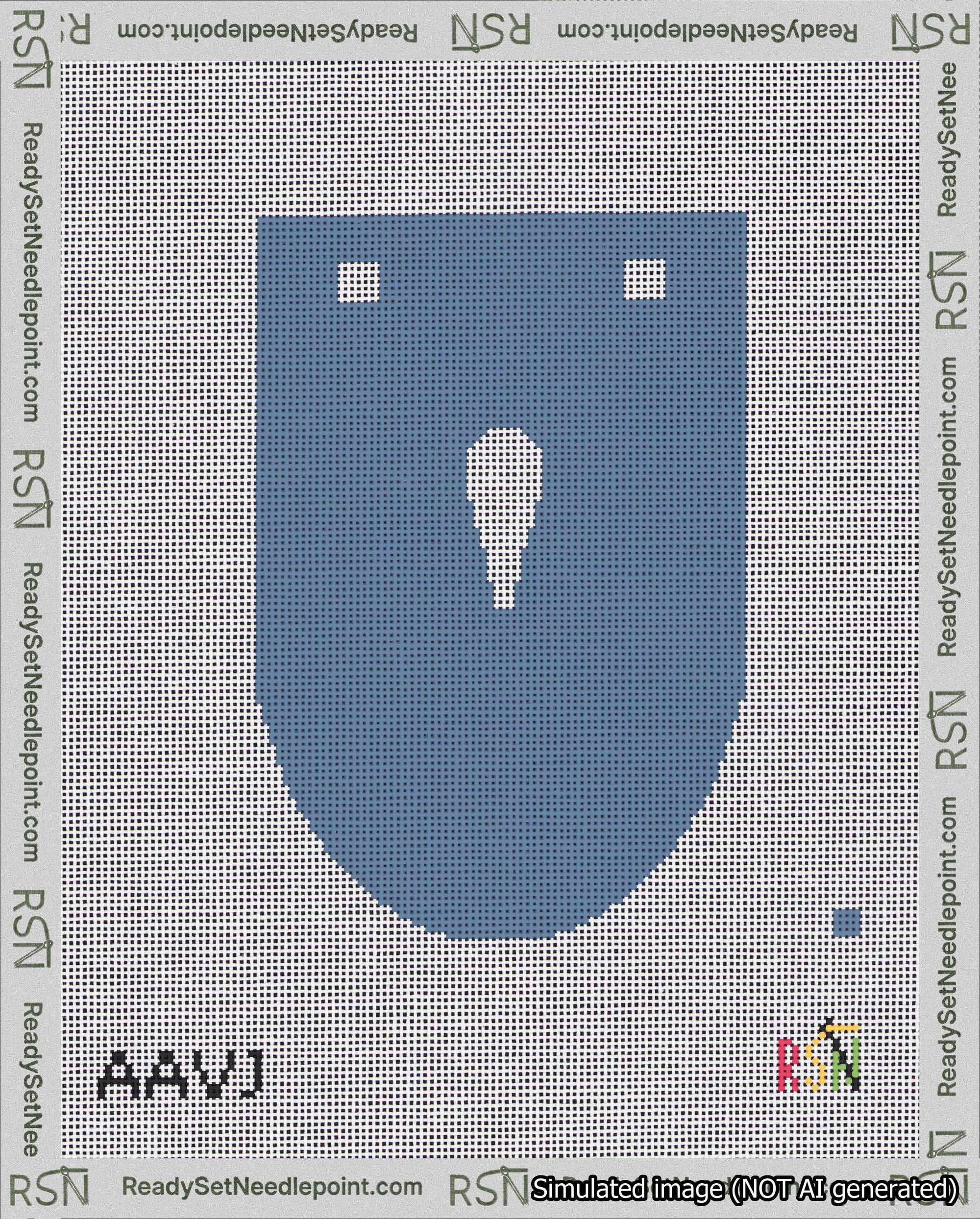 A taped needlepoint canvas with the design: Banner 18 mesh count Rounded Apostrophe White on Blue.