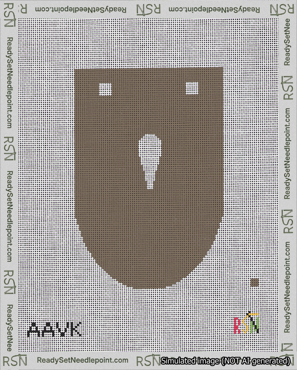 A taped needlepoint canvas with the design: Banner 18 mesh count Rounded Apostrophe White on Brown.