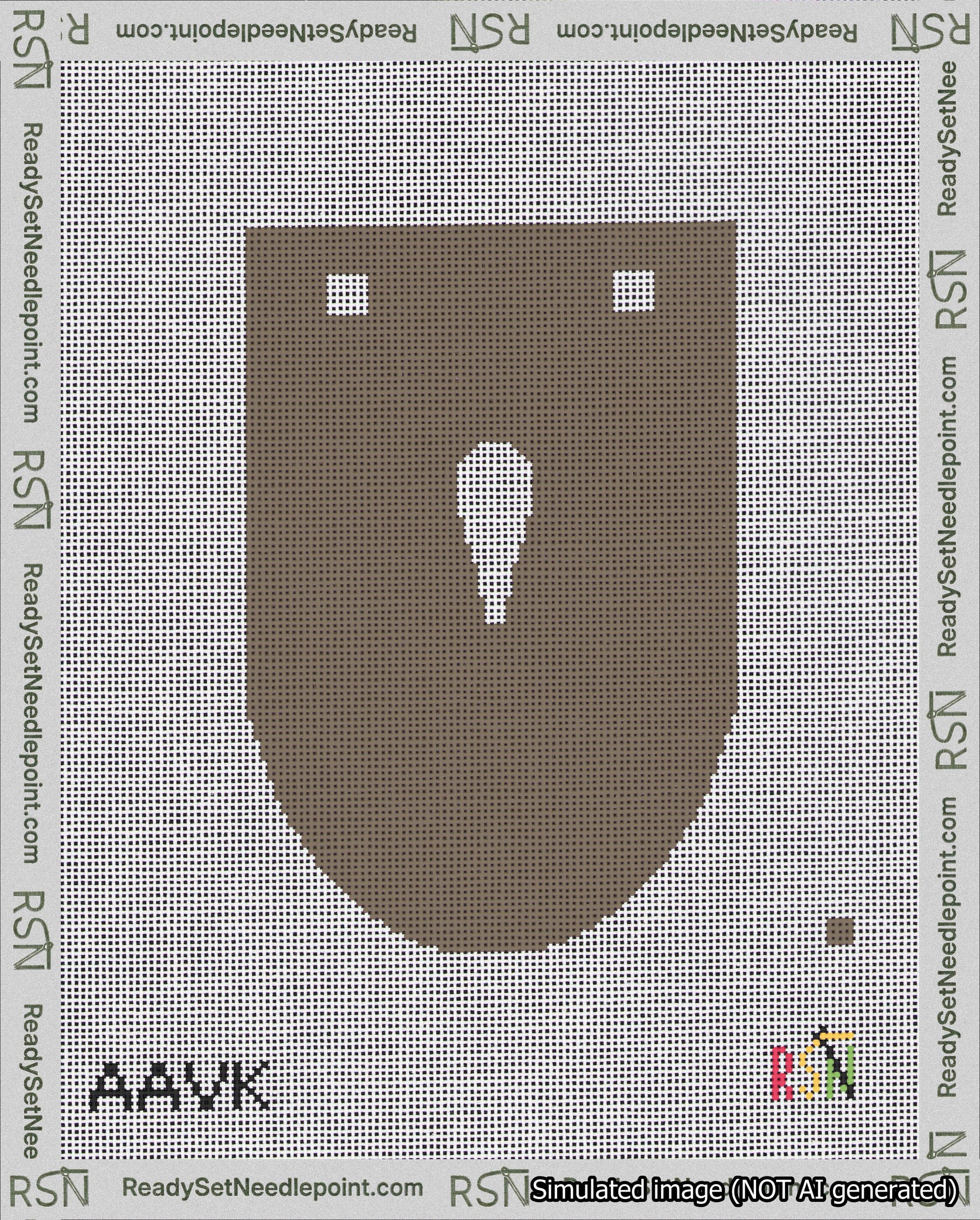 A taped needlepoint canvas with the design: Banner 18 mesh count Rounded Apostrophe White on Brown.