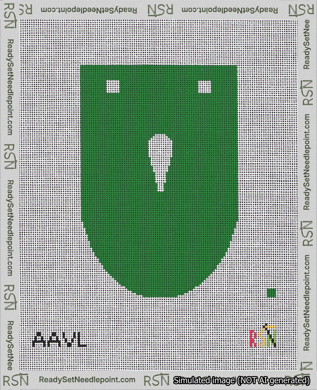 A taped needlepoint canvas with the design: Banner 18 mesh count Rounded Apostrophe White on Green.